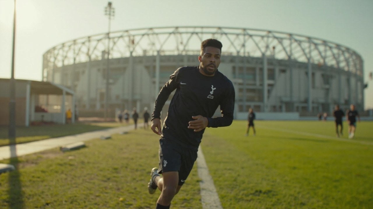 Djed Spence in a dark Spurs training kit sprinting down the touchline in afternoon daylight with the new stadium behind him