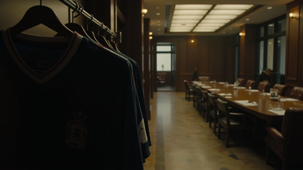 A dark football shirt hanging on a wooden hanger inside a softly lit office with leather chairs and a long oak table in the background, daylight falling through tall windows.