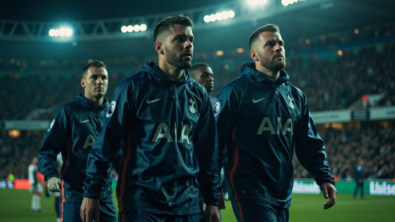 Tottenham players in the navy third kit walking off the pitch in heavy rain under stadium floodlights
