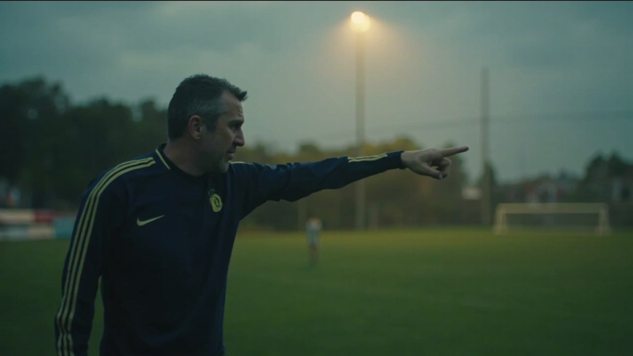 Manager in a deep navy training shirt with a thin gold hoop stands on a floodlit training pitch pointing toward the far goal, floodlights bright against an autumn dusk.