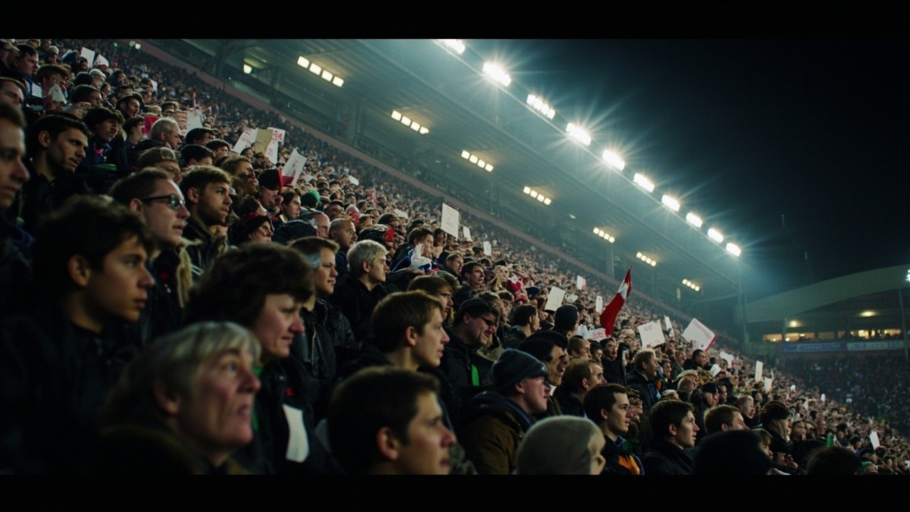 Tottenham supporters filling an away stand under floodlights