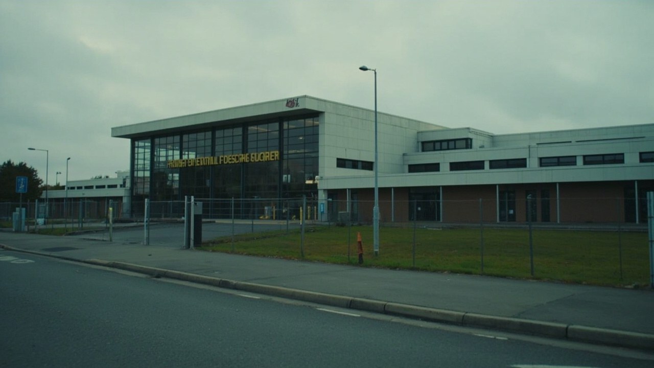 Wide exterior view of the main entrance to a Premier League training complex on a grey October morning with coaching staff crossing the car park in club training kit