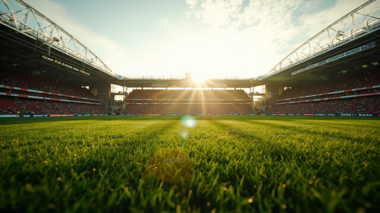 An empty Premier League stadium in the early morning daylight, with the stands lit gold and the pitch freshly cut, no people in the frame.
