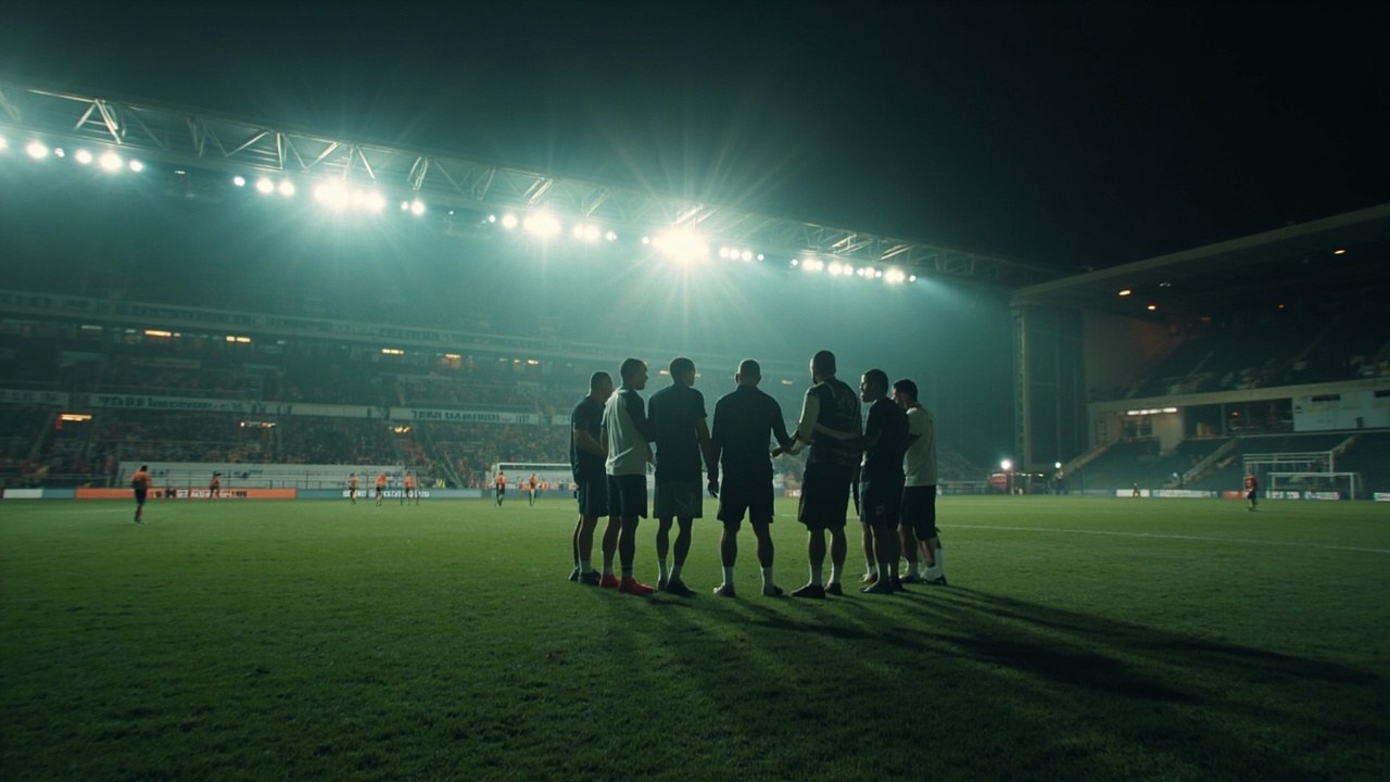 Spurs players in a loose pre kickoff huddle under floodlights at the Tottenham Hotspur Stadium with the South Stand empty in the background on a grey October afternoon